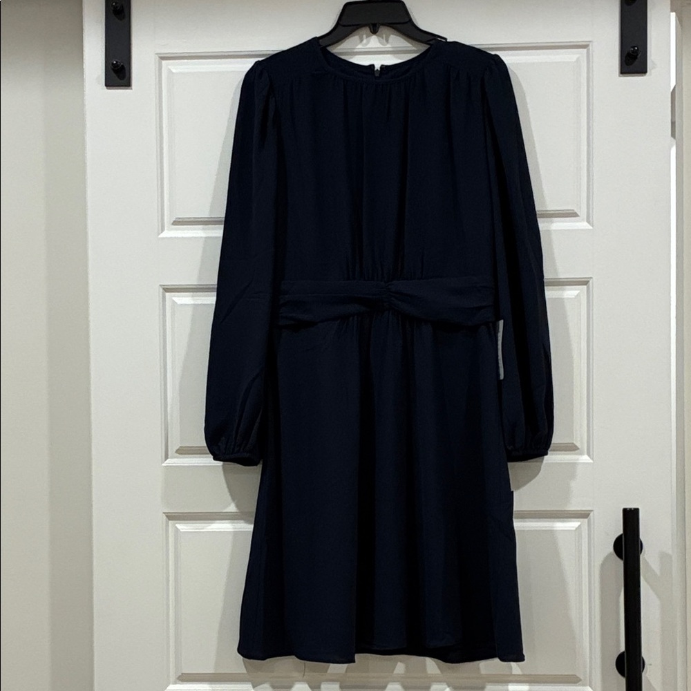 New Donna Morgan Ruched Waist Fit&Flare Navy Long Sleeve Dress